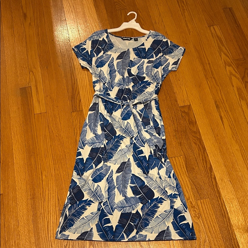 Lands' End Blue and White Leaf Pattern Midi Dress